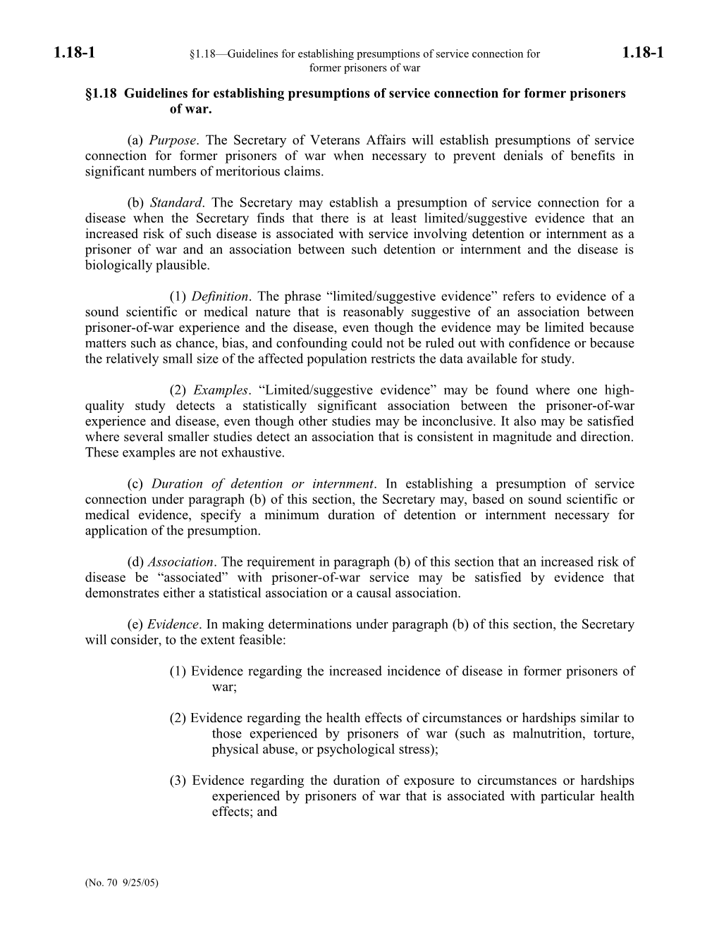 1.18-1 1.18 Guidelines for Establishing Presumptions of Service Connection for 1.18-1