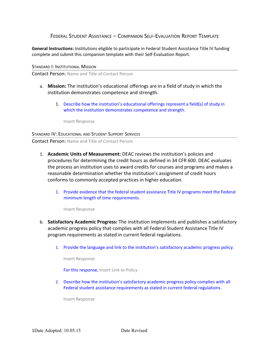 Federal Student Assistance Companion Self-Evaluation Report Template