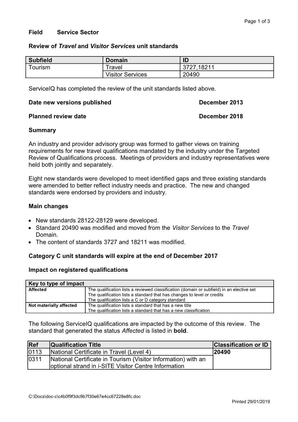 Review of Travel and Visitor Services Unit Standards