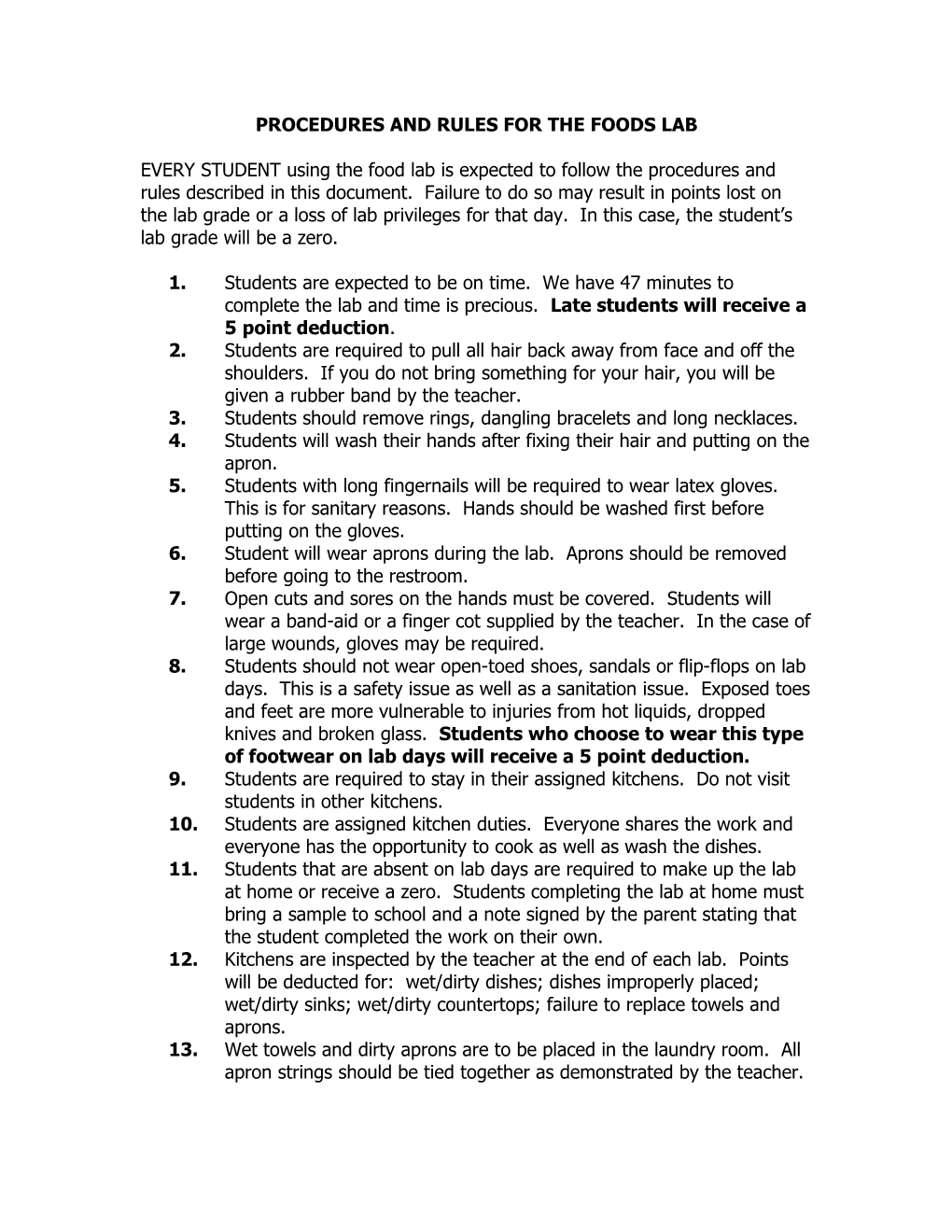 Procedures and Rules for the Foods Lab