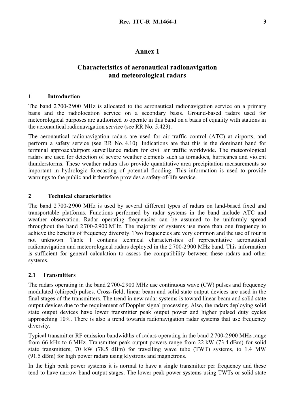 RECOMMENDATION ITU-R M.1464-1* - Characteristics of Radiolocation Radars, and Characteristics