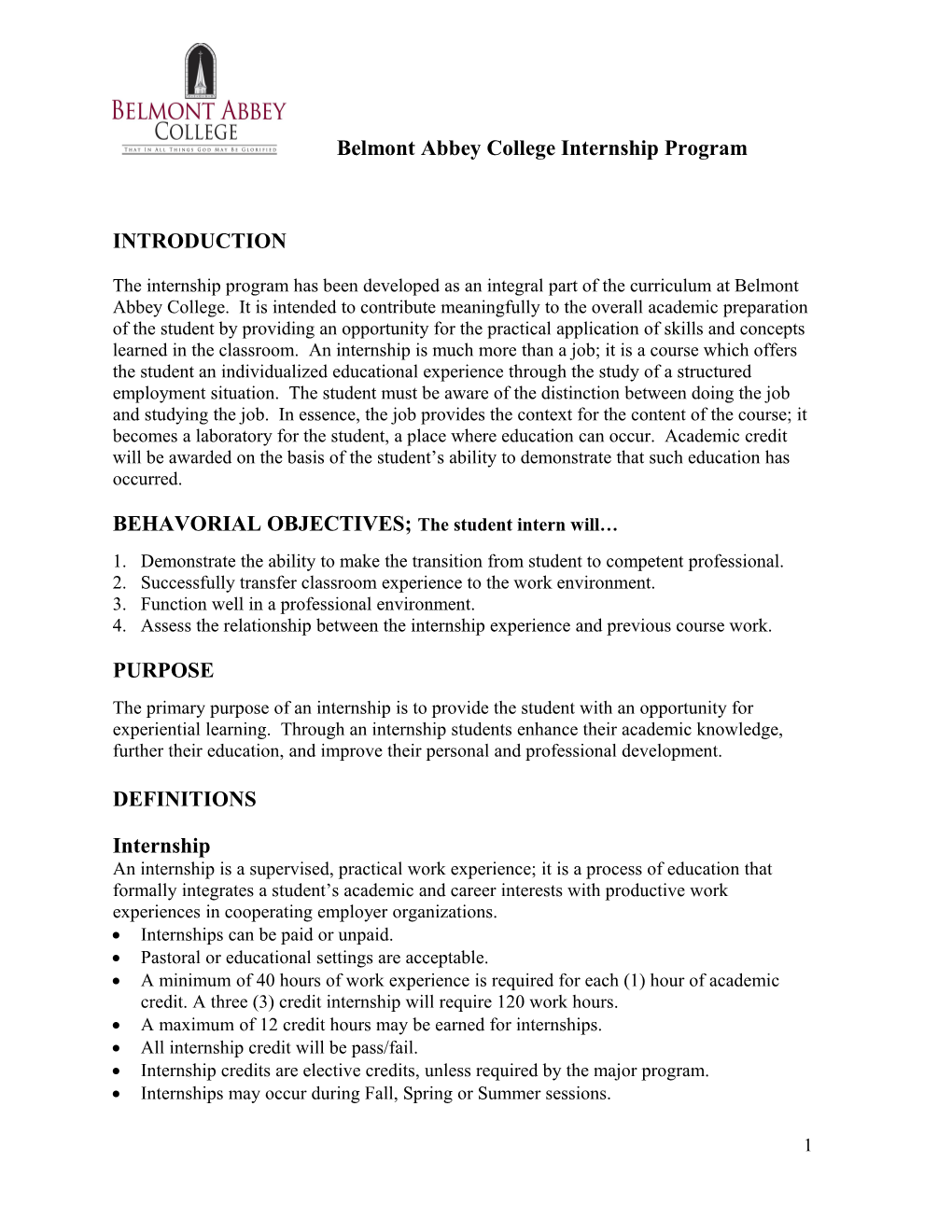 BEHAVORIAL OBJECTIVES; the Student Intern Will