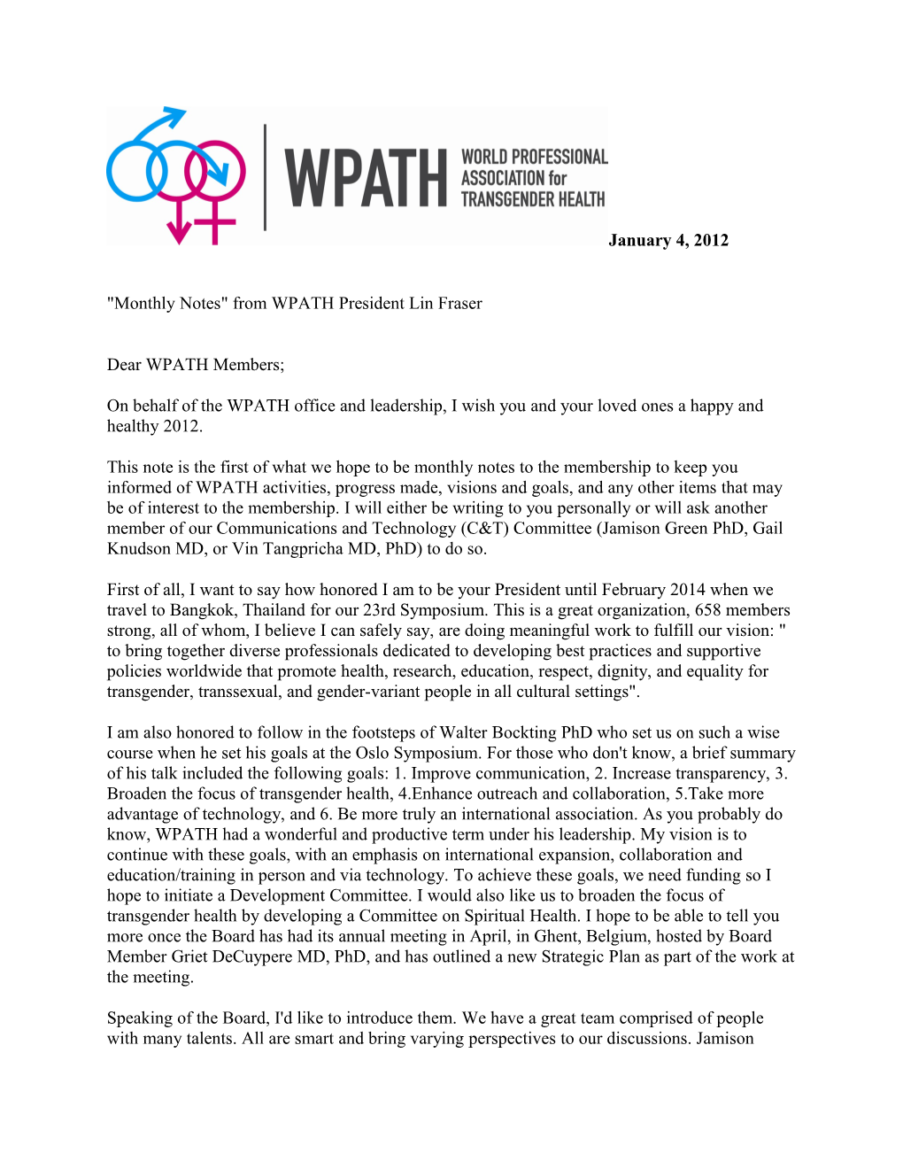 Monthly Notes from WPATH President Lin Fraser