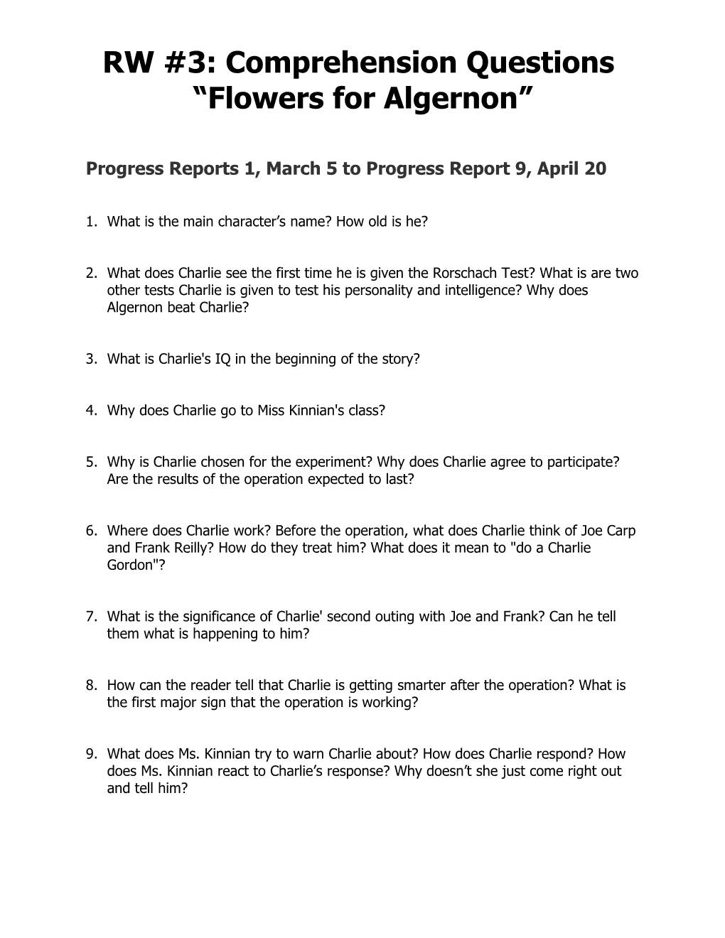 Progress Reports 1 to 9, March 5 to April 20