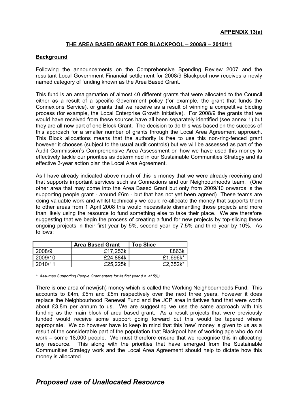 The Area Based Grant for Blackpool 2008/9 2010/11