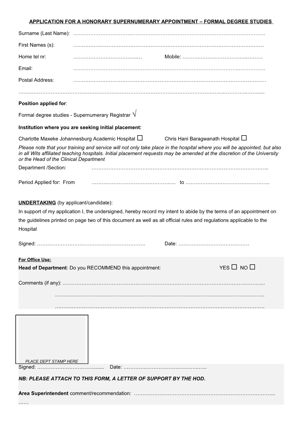 Application for Ahonorary Supernumerary Appointment Formal Degree Studies
