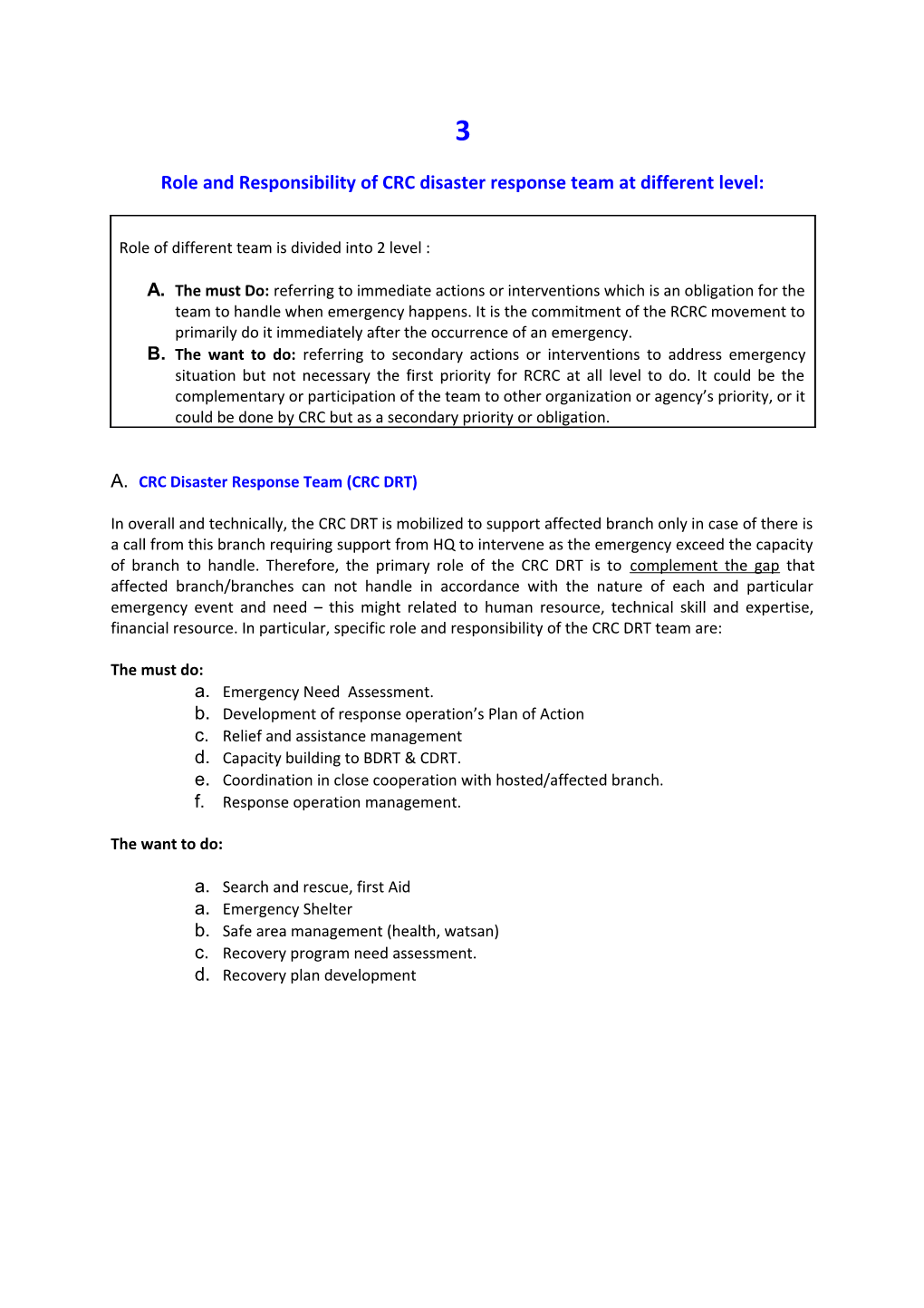 Role and Responsibility of CRC Disaster Response Team at Different Level