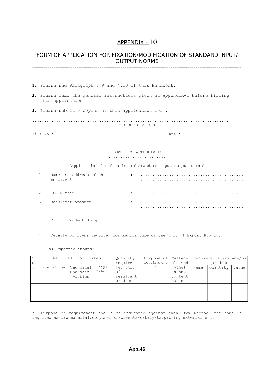 Form of Application for Fixation/Modification of Standard Input/ Output Norms