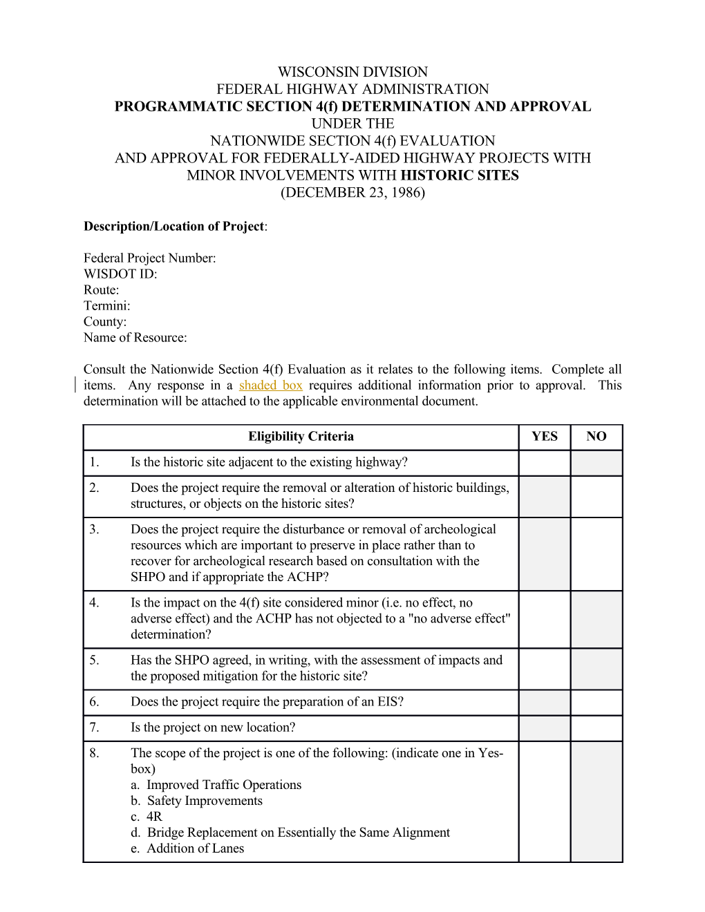 Programmatic Section 4(F) Determination and Approval for Historic Sites