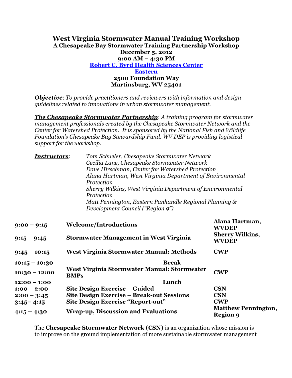 West Virginia Stormwater Manual Training Workshop