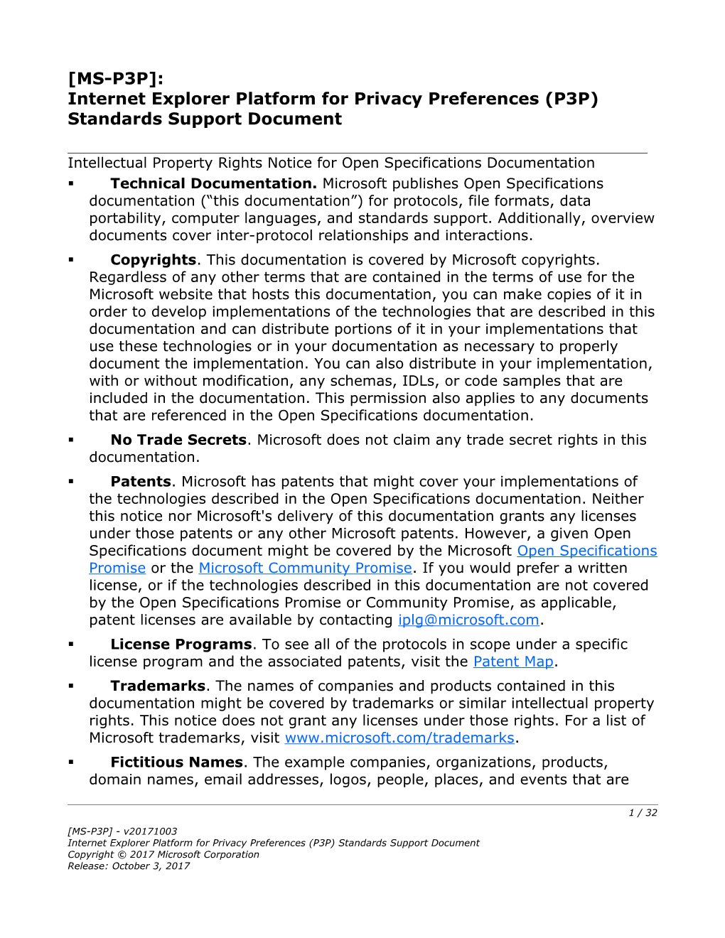 Internet Explorer Platform for Privacy Preferences (P3P) Standards Support Document