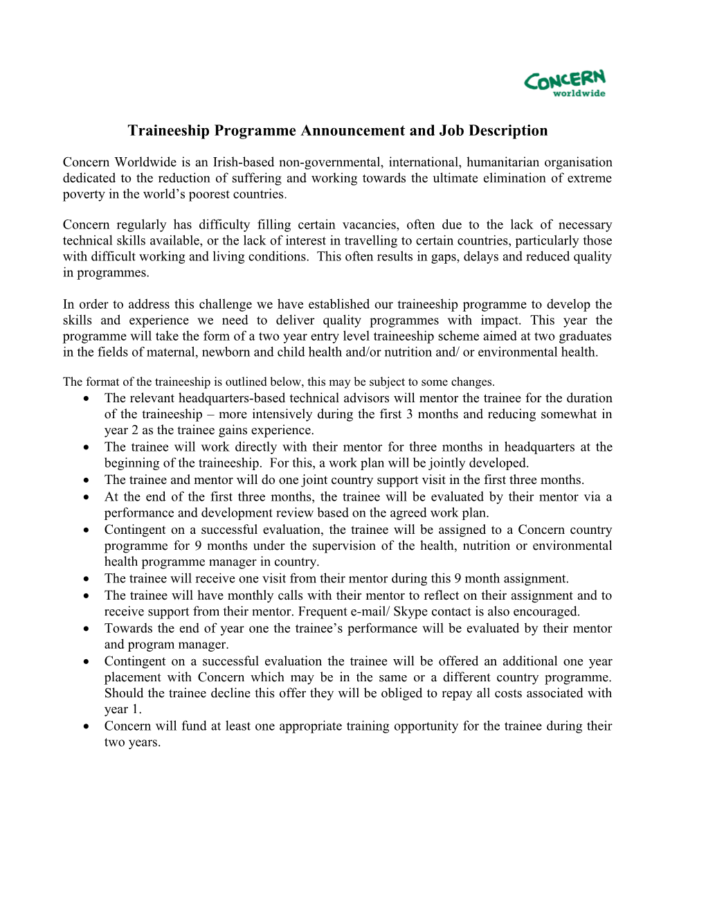 Traineeship Programme Announcement and Job Description