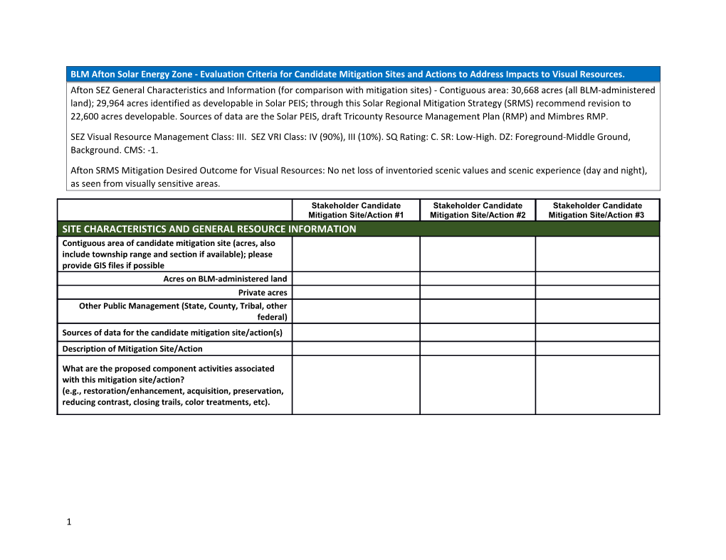 BLM Afton Solar Energy Zone - Evaluation Criteria for Candidate Mitigation Sites and Actions
