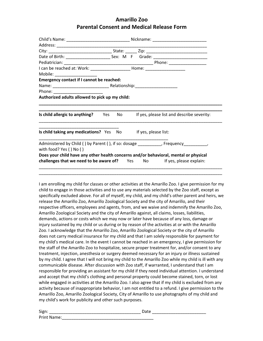 Parental Consent and Medical Release Form