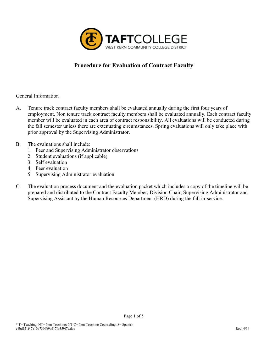Procedure for Evaluation of Contract Faculty