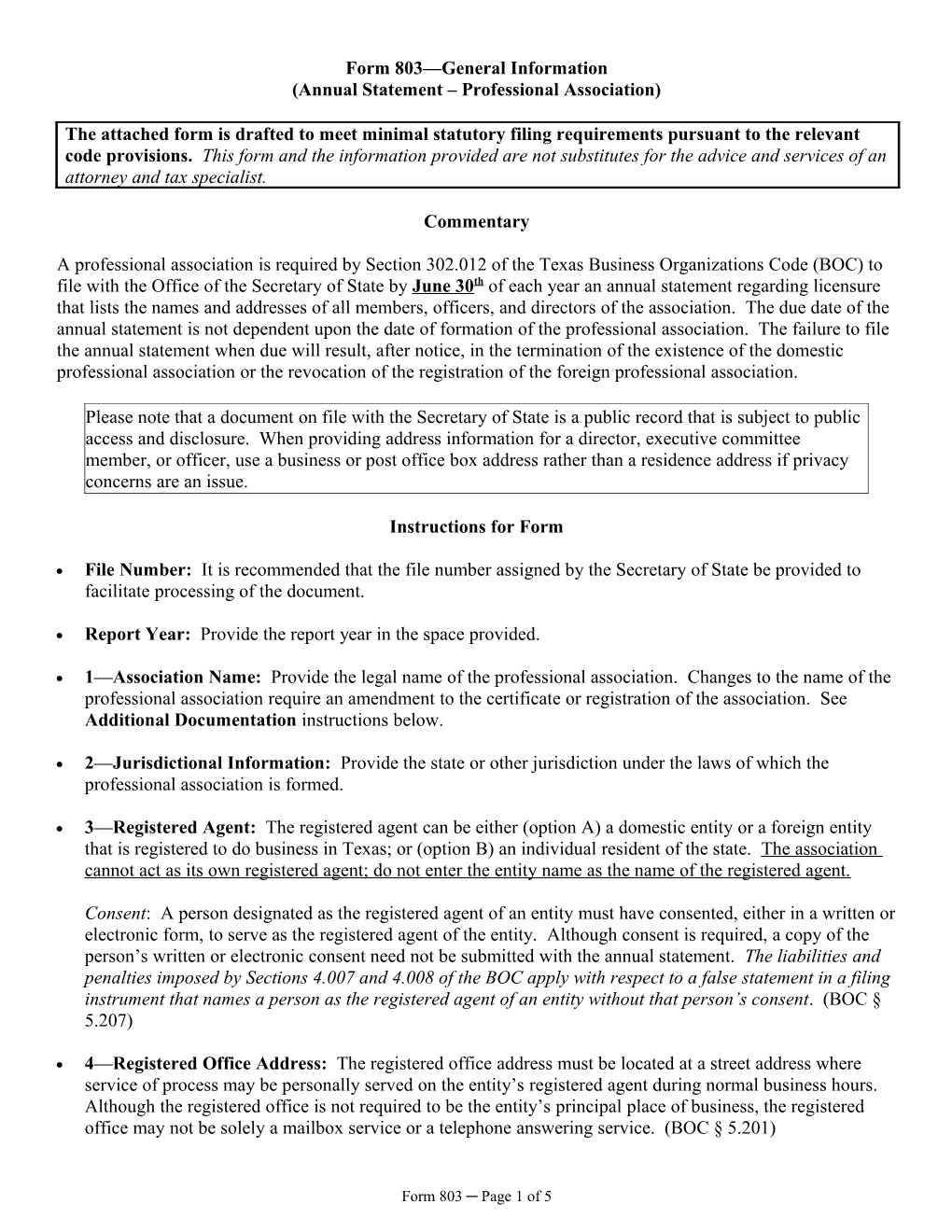 Form 803 General Information