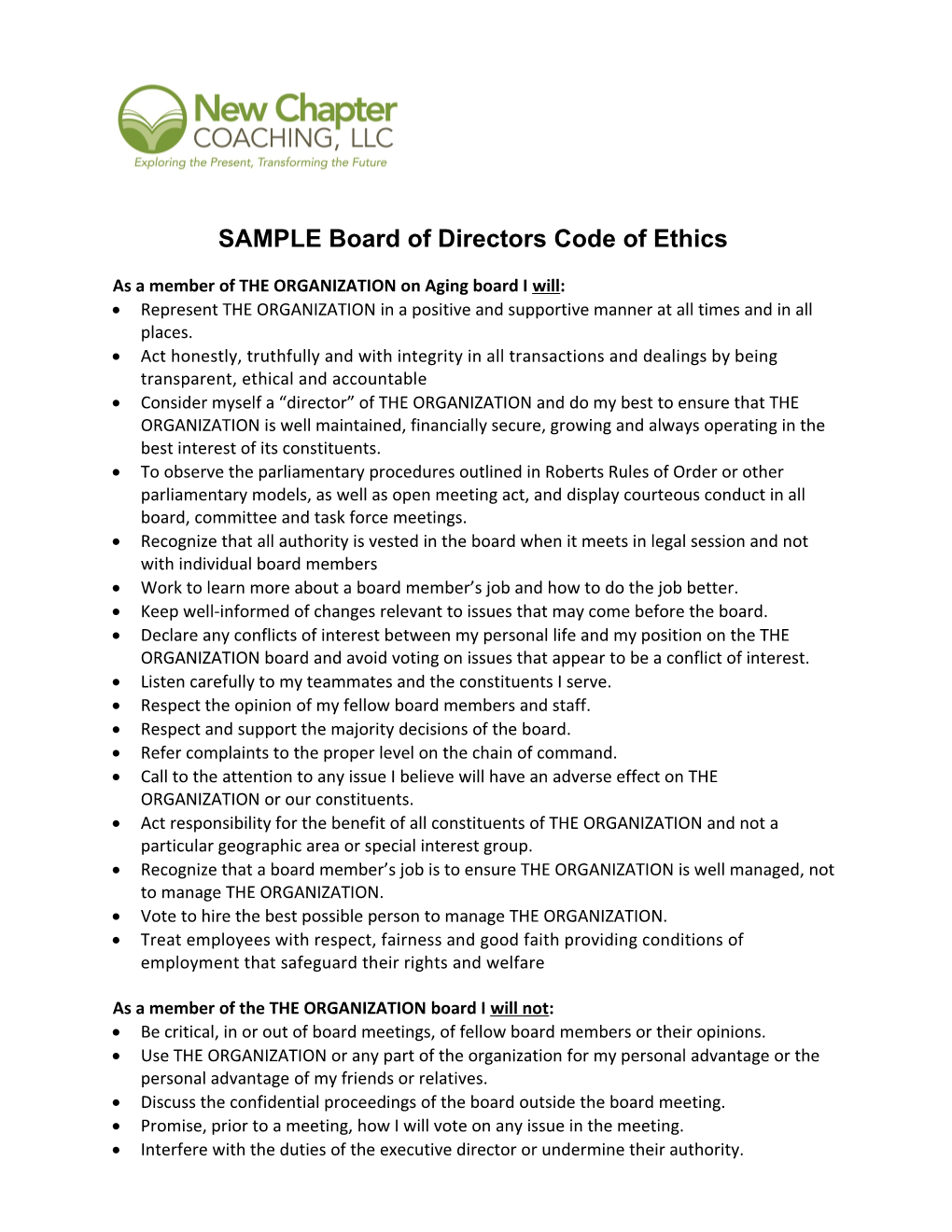 SAMPLE Board of Directorscode of Ethics