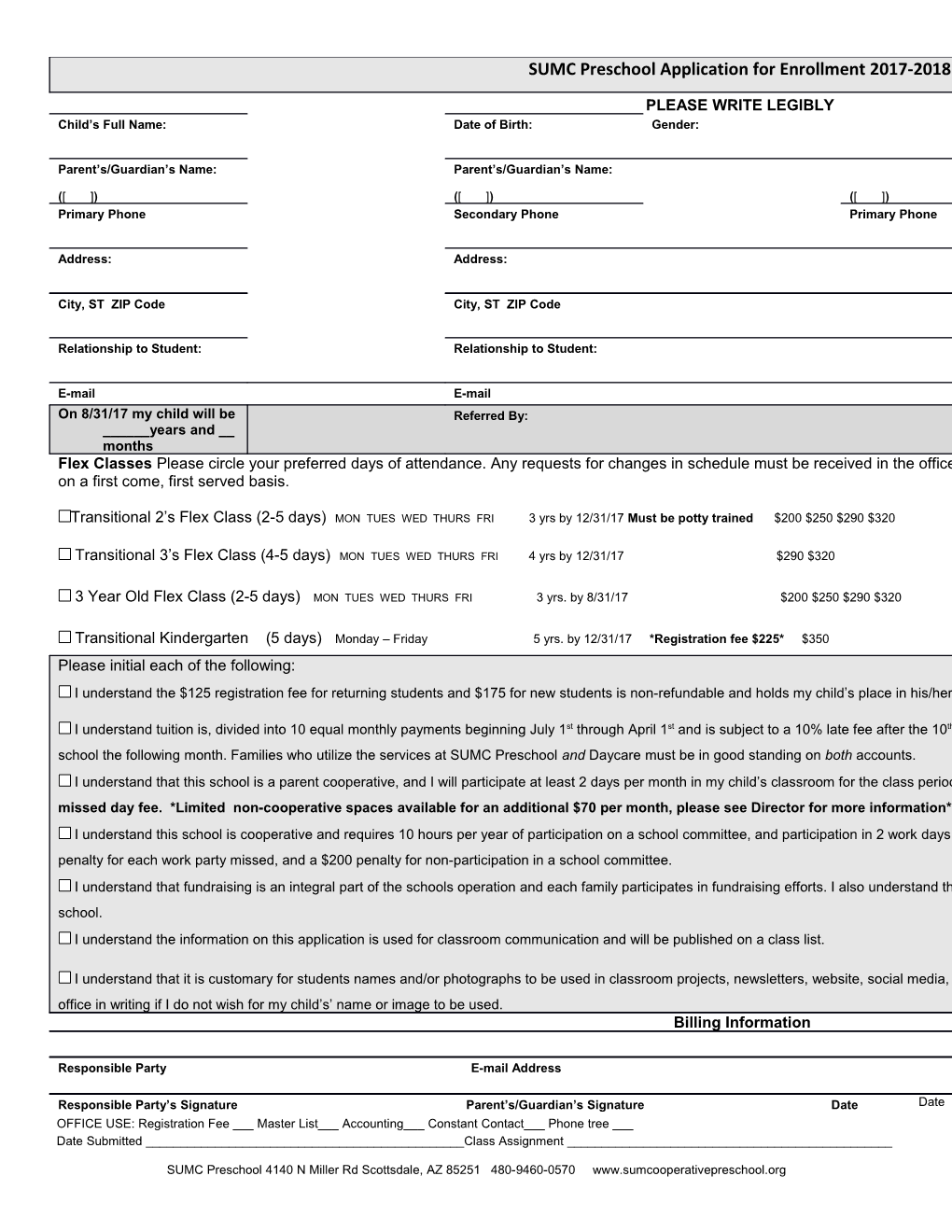 SUMC Preschool Application for Enrollment 2017-2018