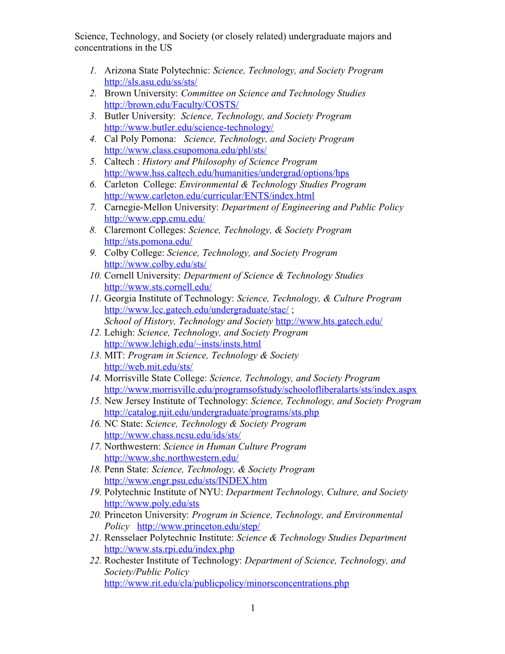 Science, Technology, and Society (Or Closely Related) Undergraduate Majors and Concentrations