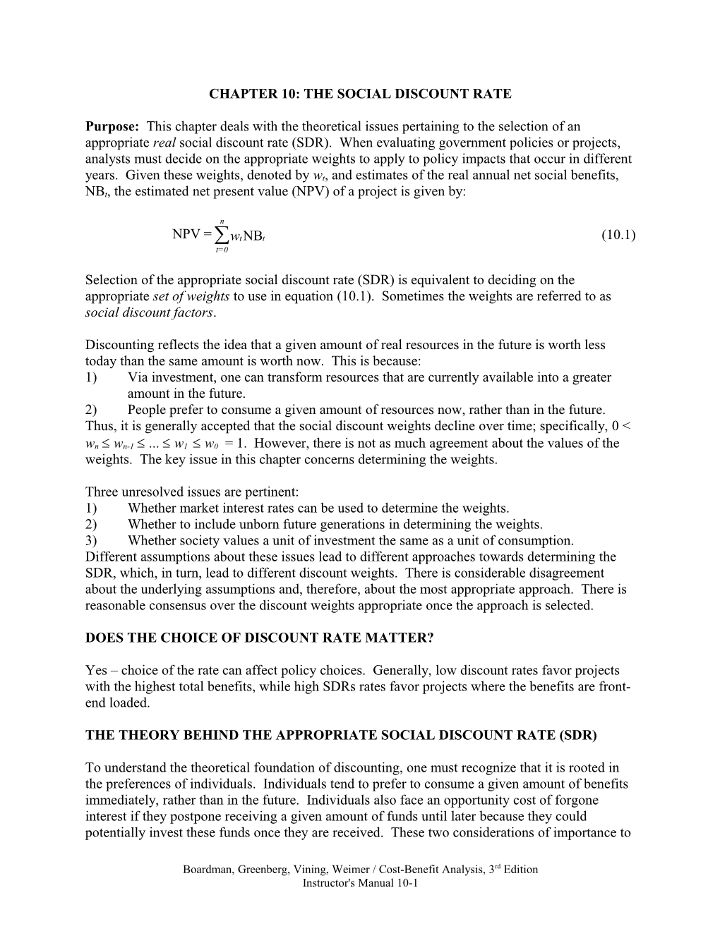 Chapter 10: the Social Discount Rate