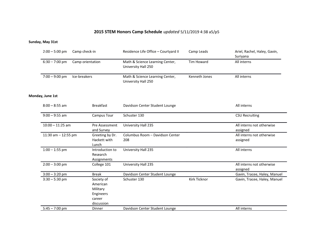 2015 STEM Honors Camp Schedule Updated 5/11/2019 4:39 AM