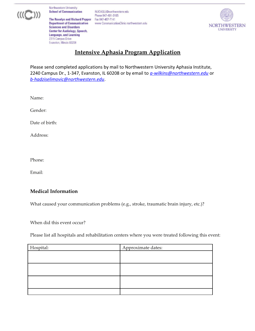 Intensive Aphasia Program Application