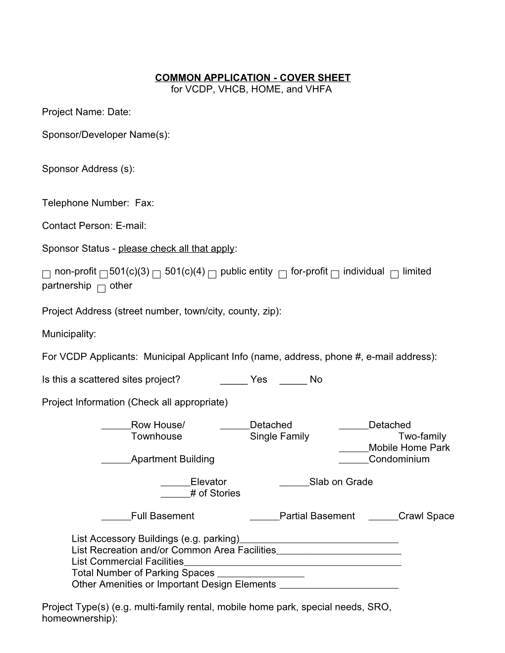 Common Application - Cover Sheet
