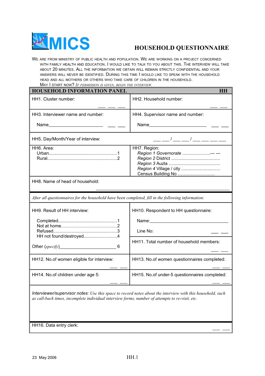 MICS Household Questionnaire