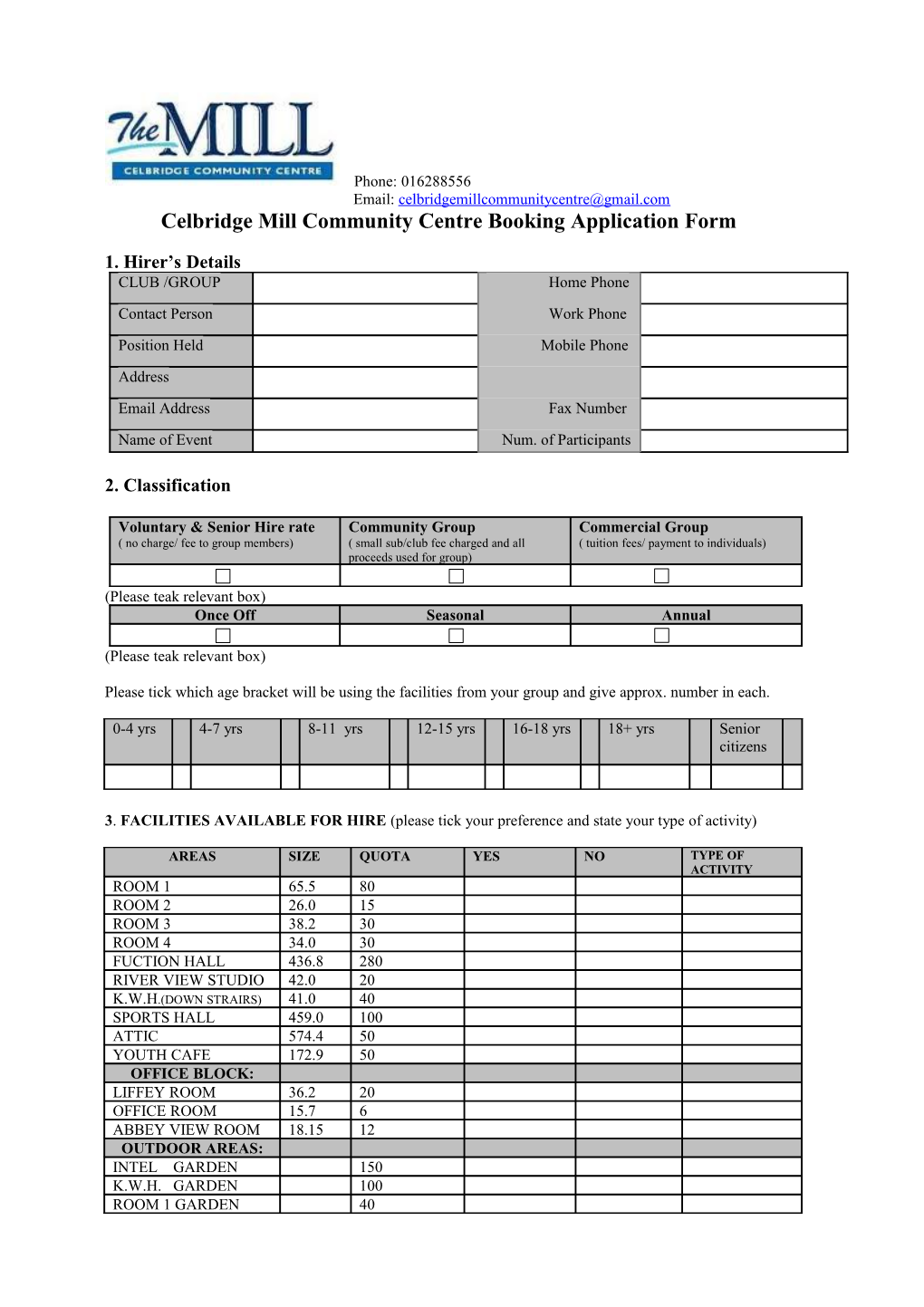 Celbridge Mill Community Centre Booking Application Form