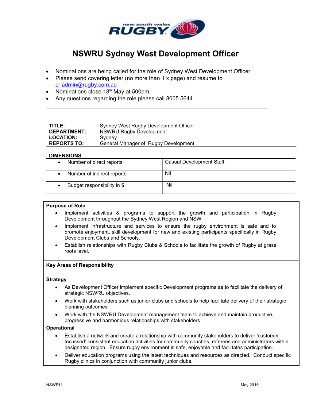 NSWRU Sydney West Development Officer