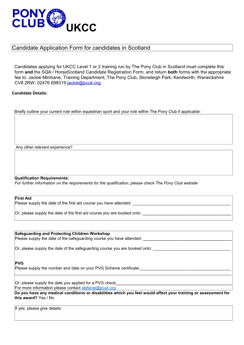 The Pony Club UKCC APL Candidate Application Form
