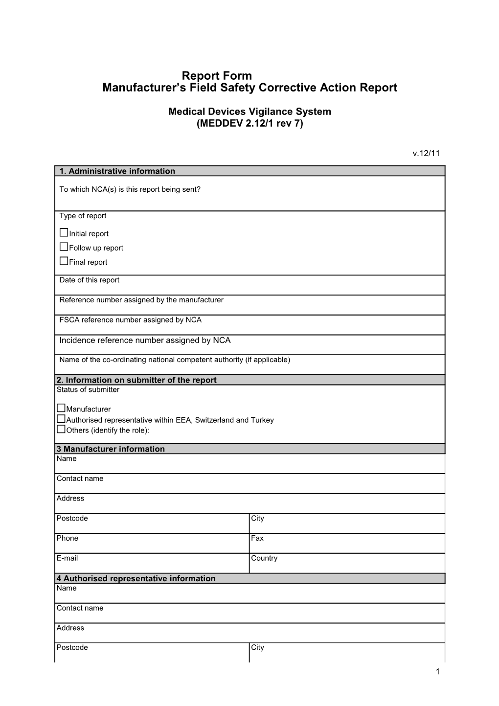 Manufacturer S Field Safety Corrective Action Report