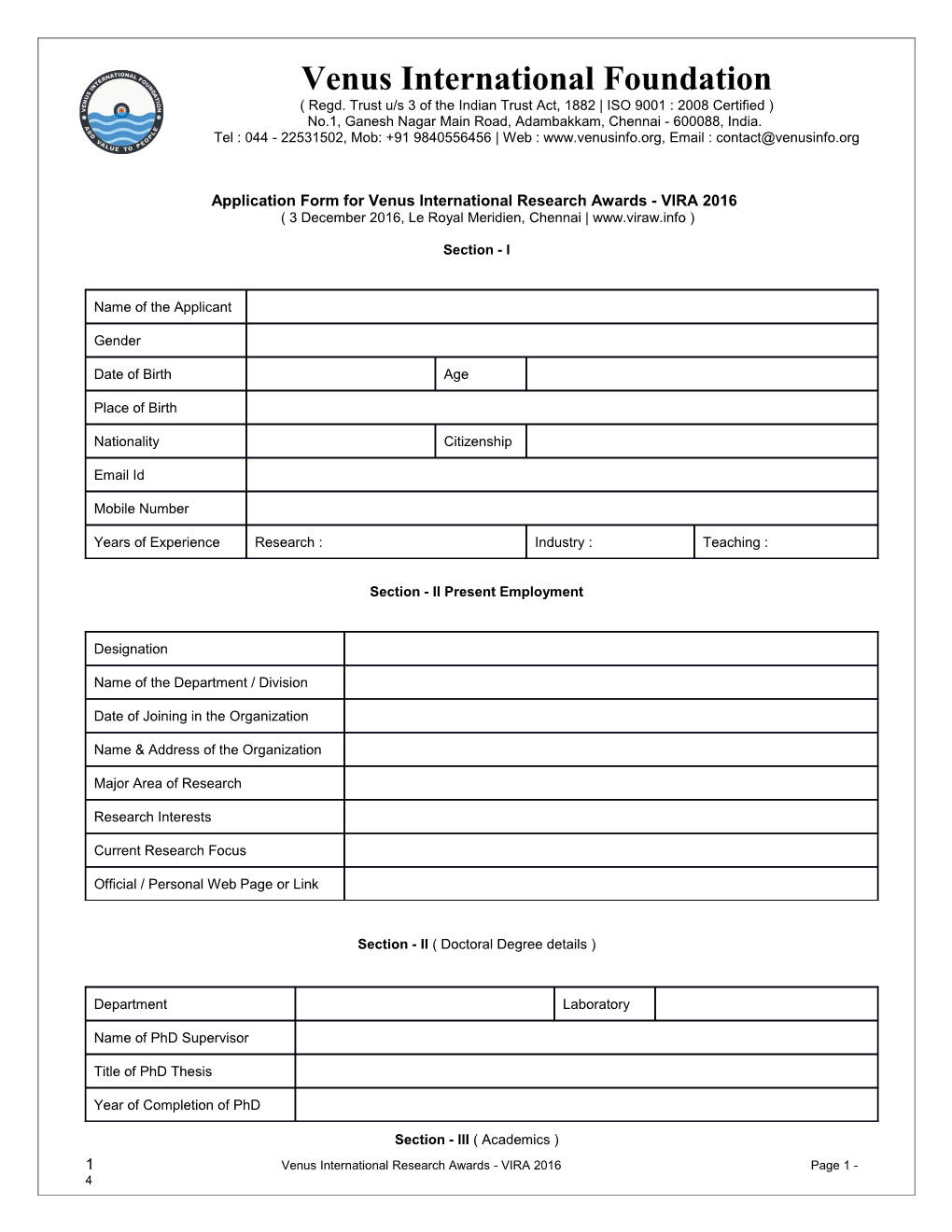 Application Form for Venus International Research Awards - VIRA 2016