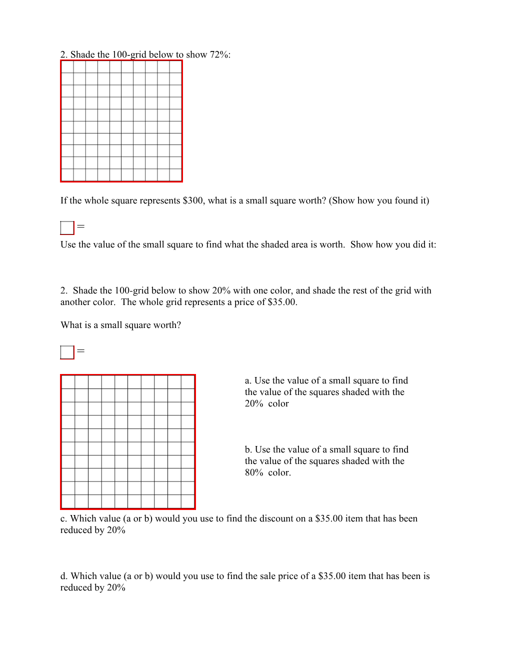 E. Give 2 More Examples of Fractions That It Would Be Easy to Show on a 100-Grid
