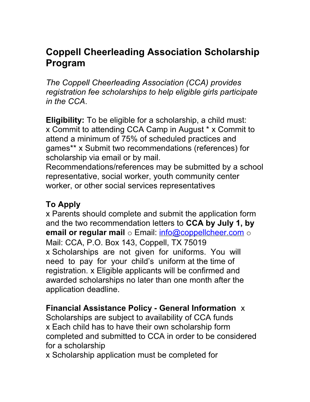 Coppell Cheerleading Association Scholarship Program