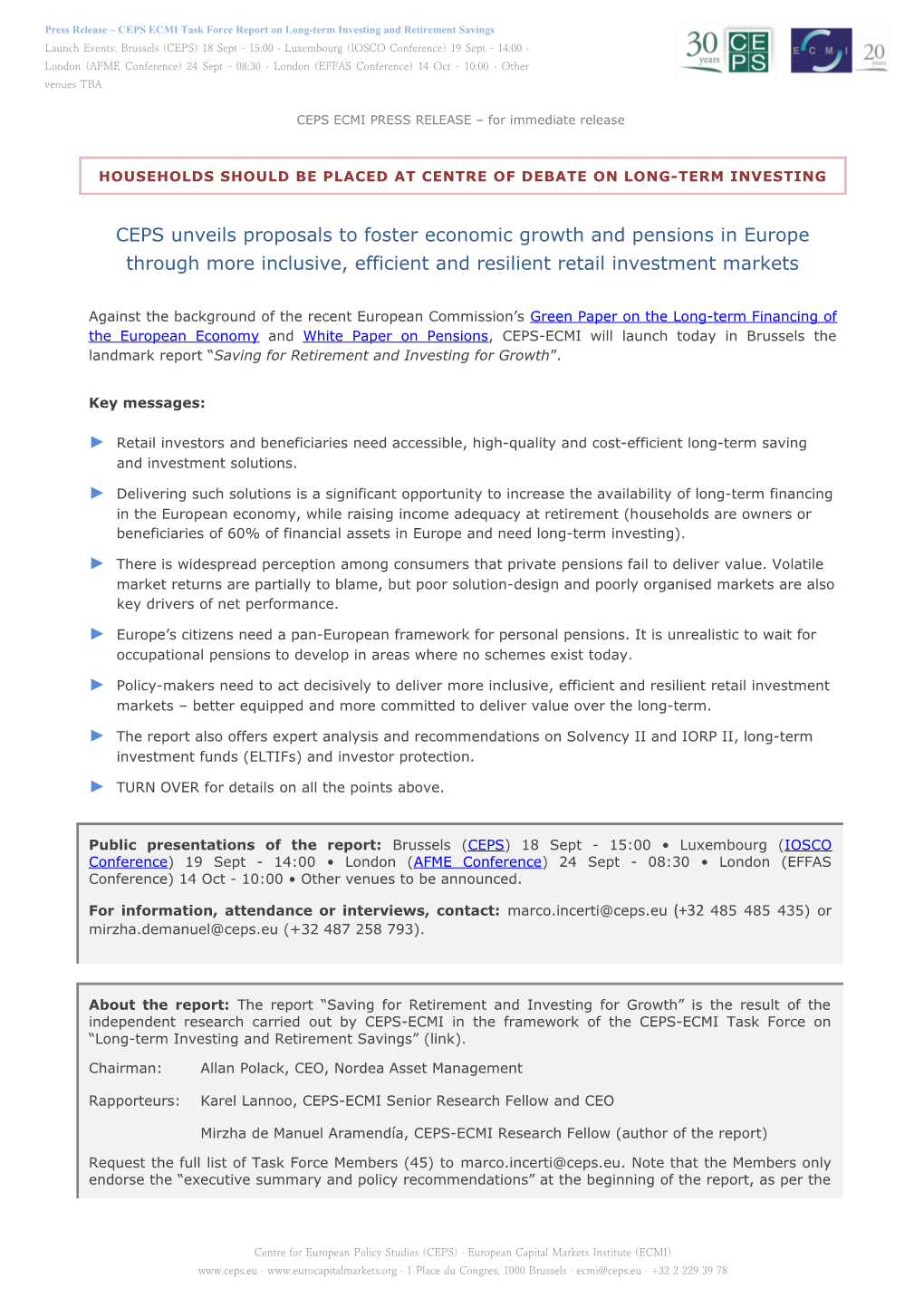 CEPS ECMI PRESS RELEASE for Immediate Release