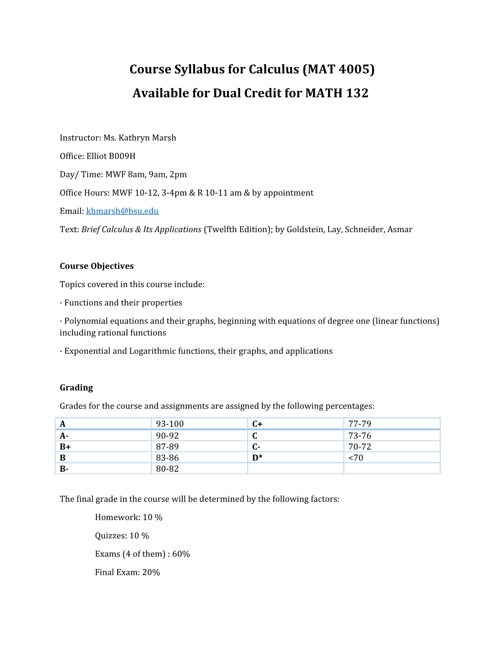 Course Syllabus for Calculus (MAT 4005)