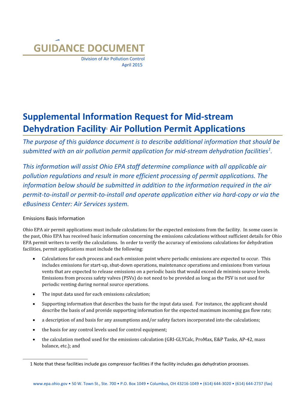 Supplemental Information Request for Mid-Stream Dehydration Facility Air Pollution Permit