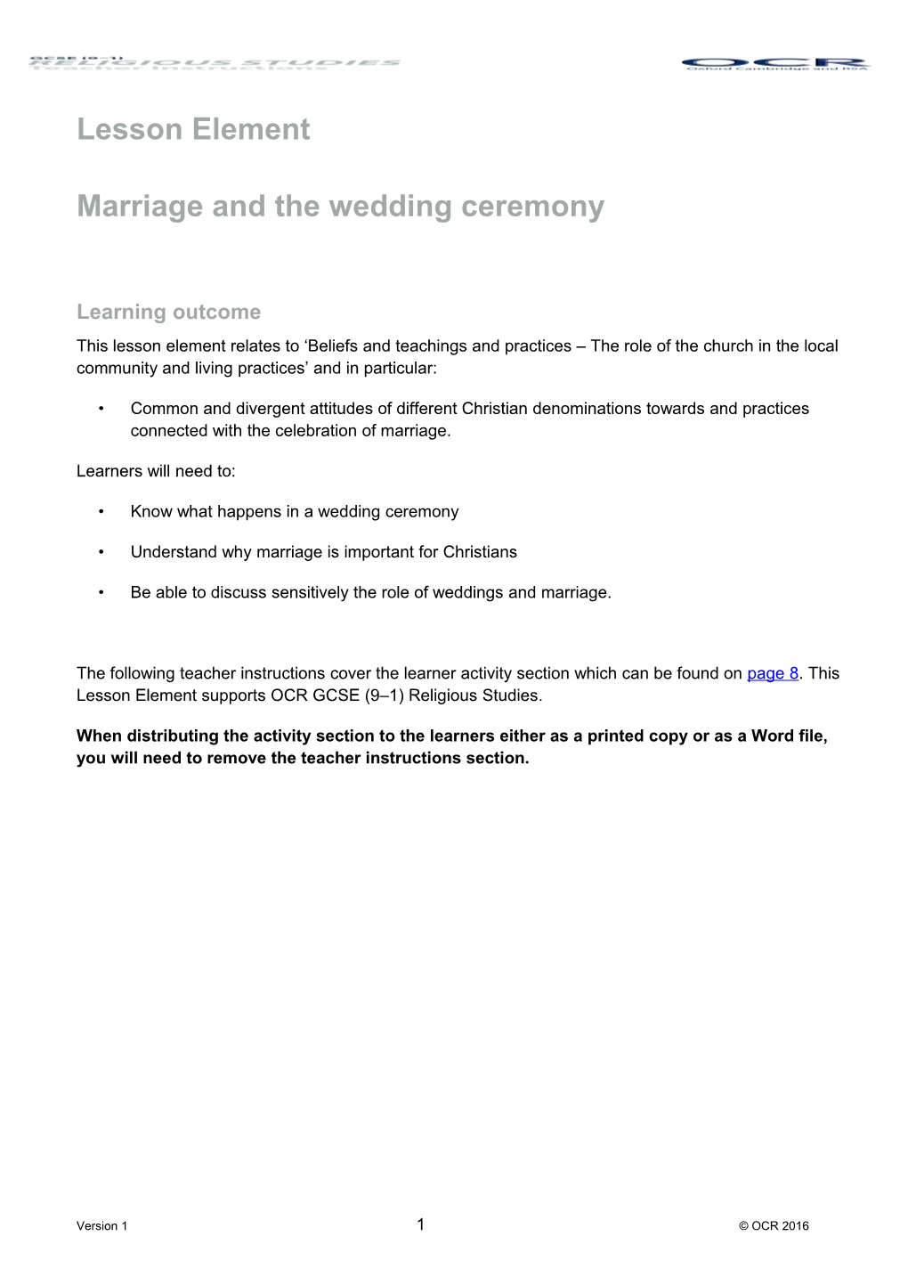 OCR GCSE Religious Studies Lesson Element - Marriage and the Wedding Ceremony