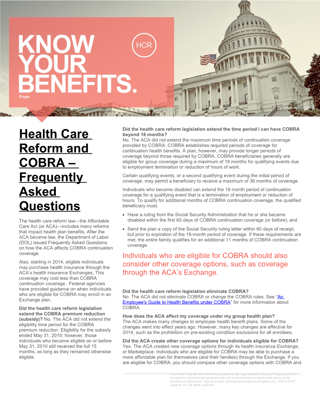 Health Care Reform and COBRA Frequently Asked Questions