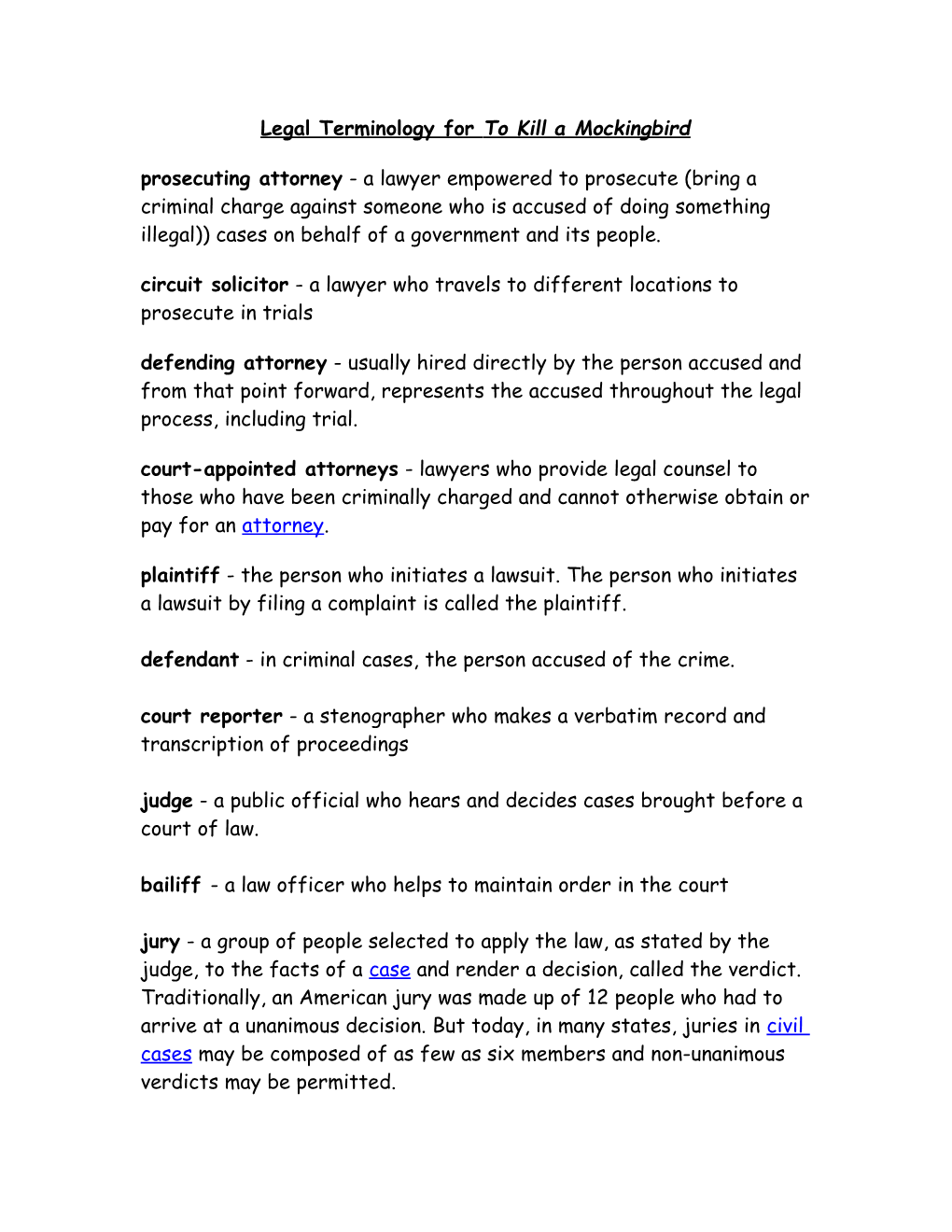 Legal Terminology for to Kill a Mockingbird