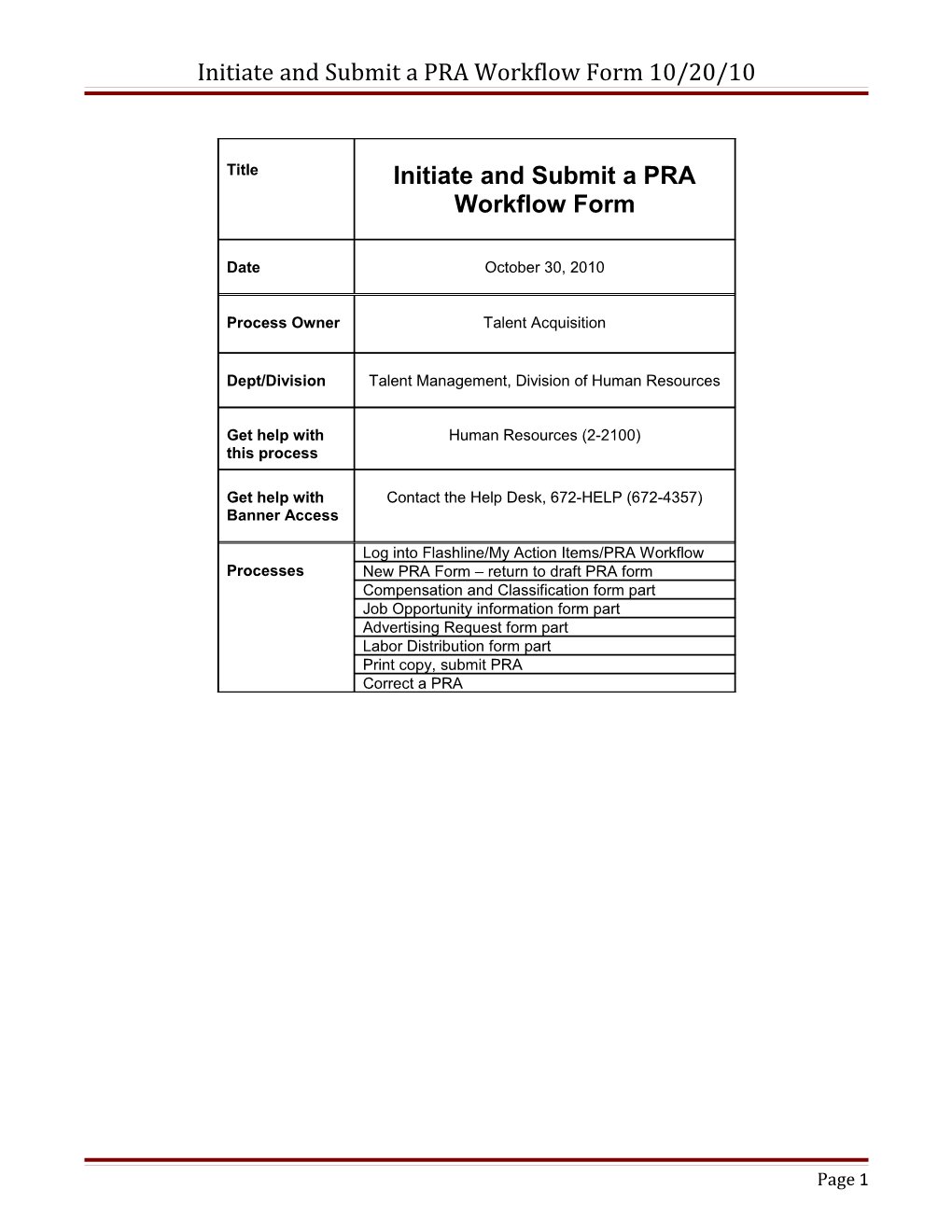 Initiate and Submit a PRA Workflow Form 10/20/10