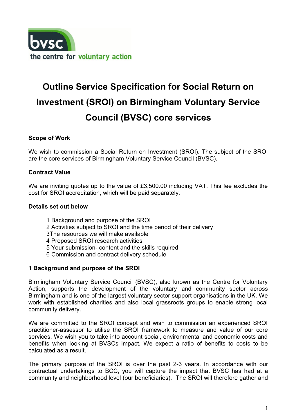 Outline Service Specification for Social Return on Investment (SROI) on Birmingham Voluntary