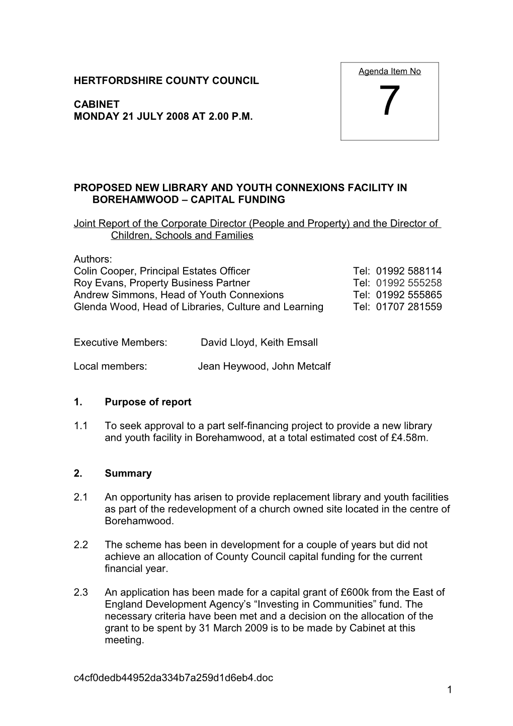 Proposed New Library and Youth Connexions Facility in Borehamwood Capital Funding