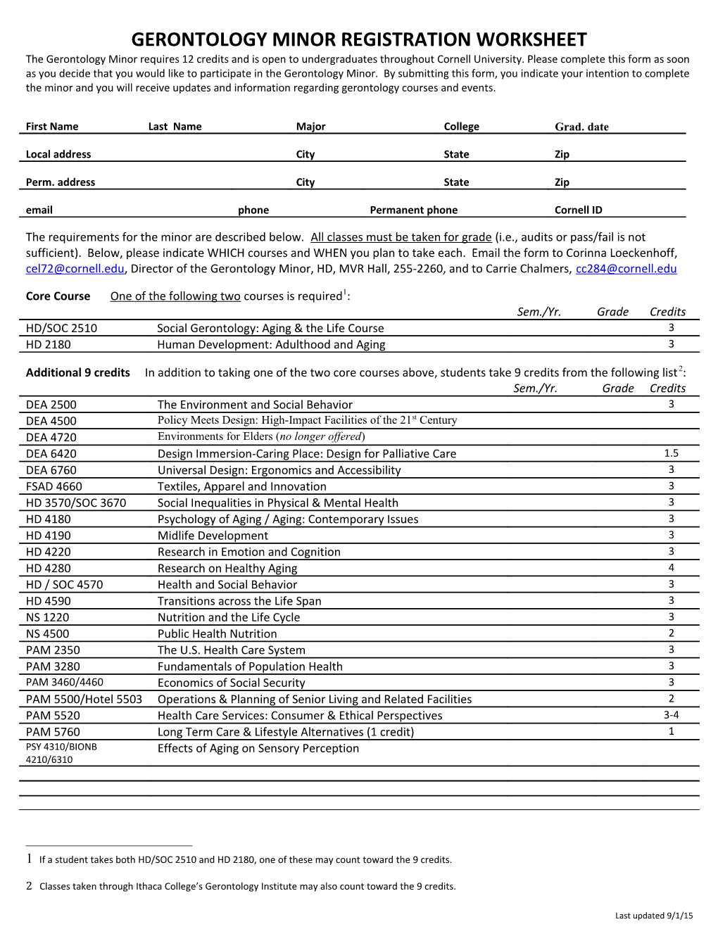 Gerontology Minor Registration Worksheet