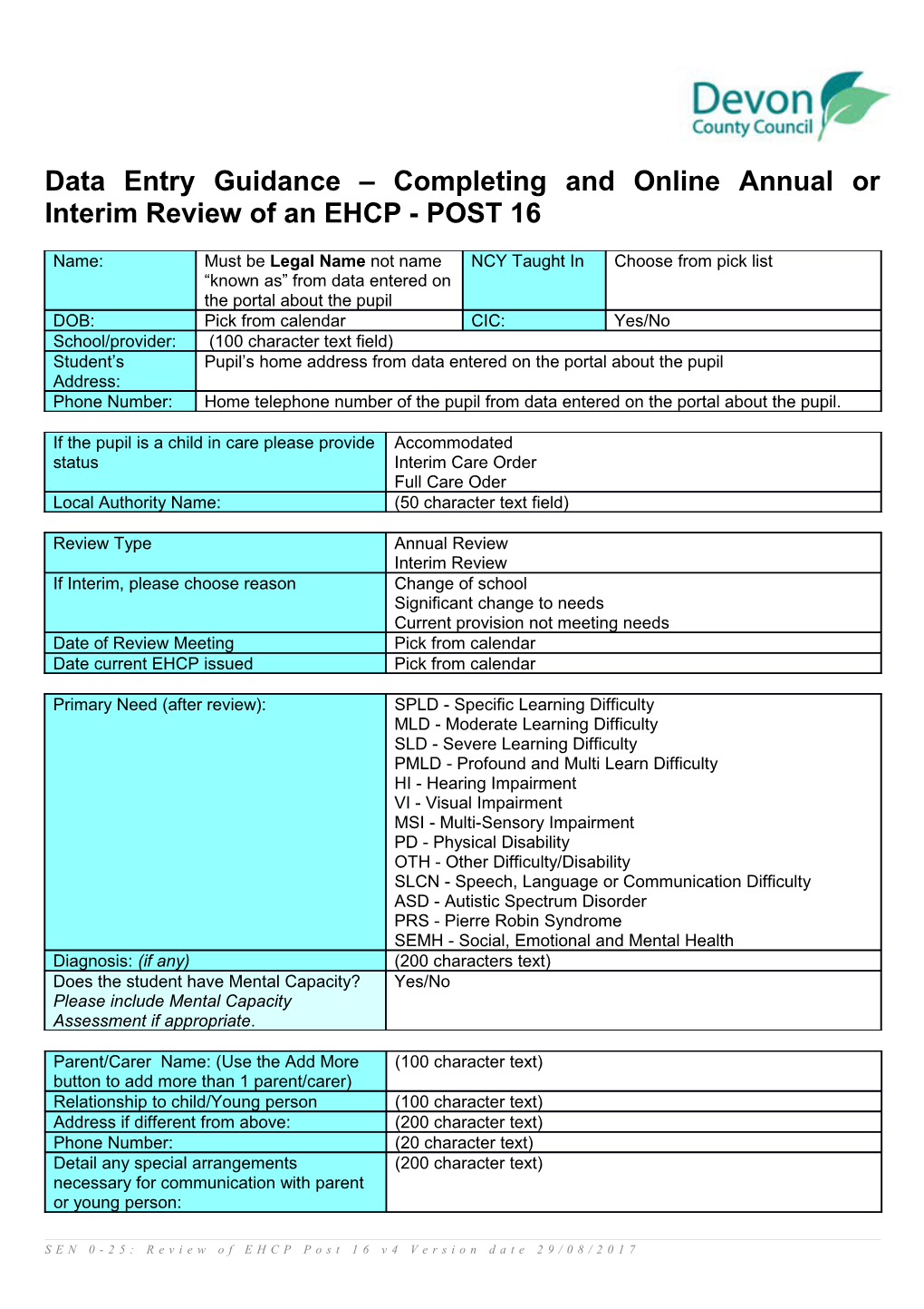 Data Entry Guidance Completing and Online Annual Or Interim Review of an EHCP - POST 16