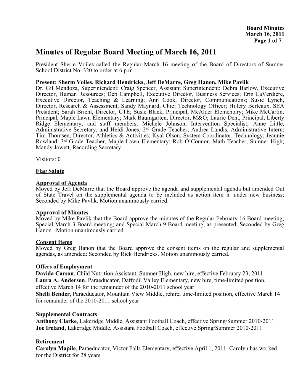 Minutes of Regular Board Meeting of March 16, 2011