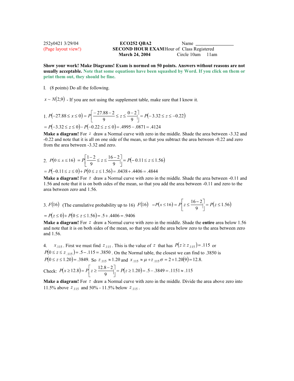 (Page Layout View!) SECOND HOUR EXAM Hour of Class Registered