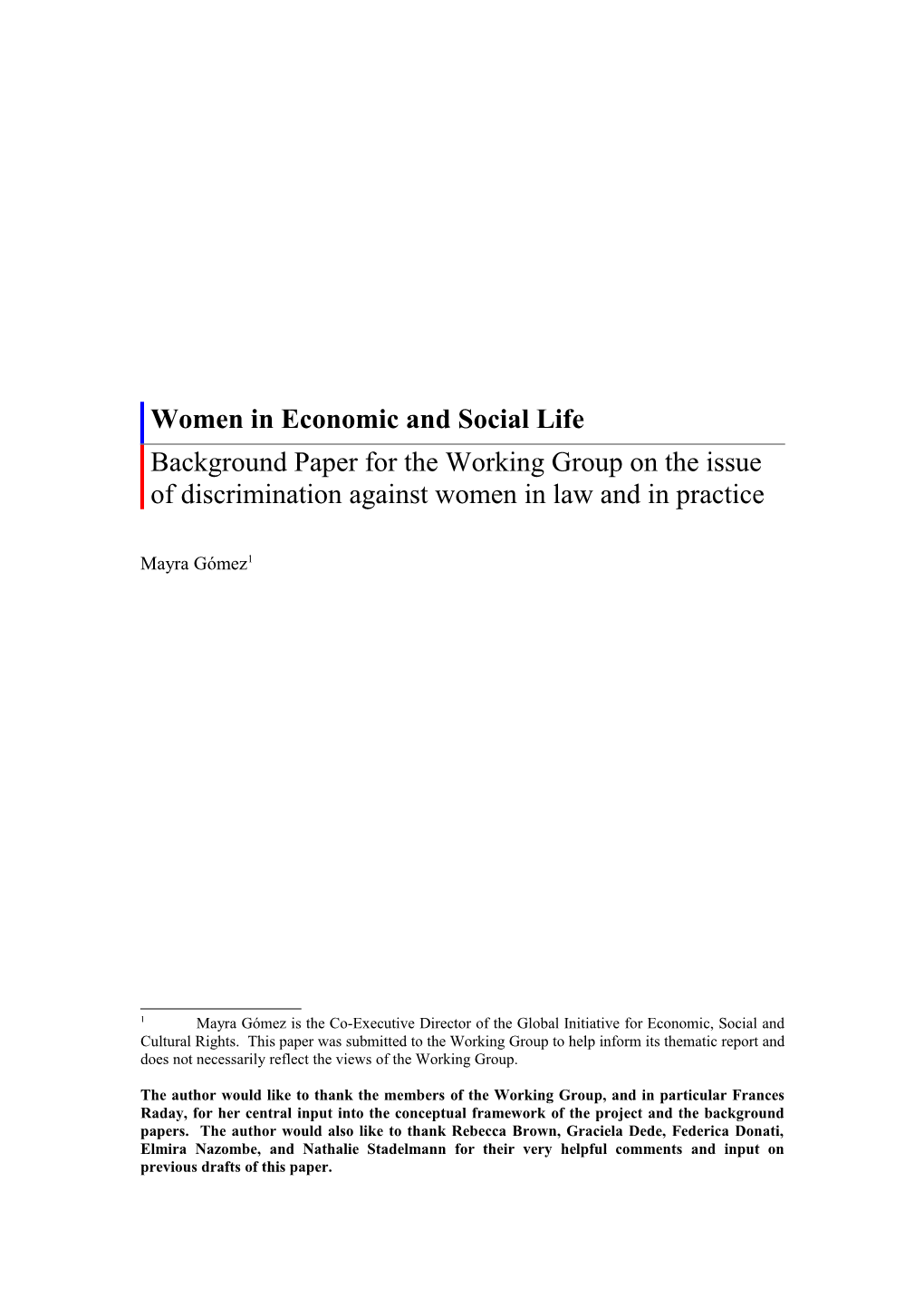 Preliminary Outline of Working Group Report on Eliminating Discrimination Against Women