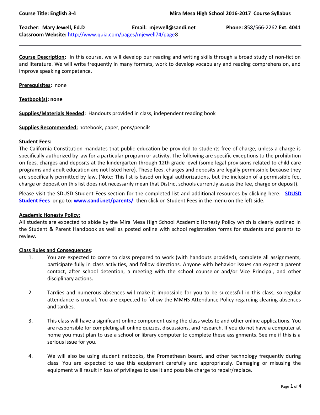 Course Title: English3-4Mira Mesa High School 2016-2017 Course Syllabus